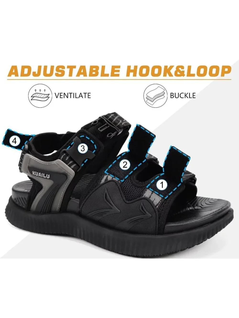 Men's Black Orthopedic Recovery Plantar Fasciitis Open Toe Hiking Sandal Shoes